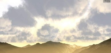Crepuscular rays, god rays, or rays of light from the sun behind SilverLining's 3D clouds.